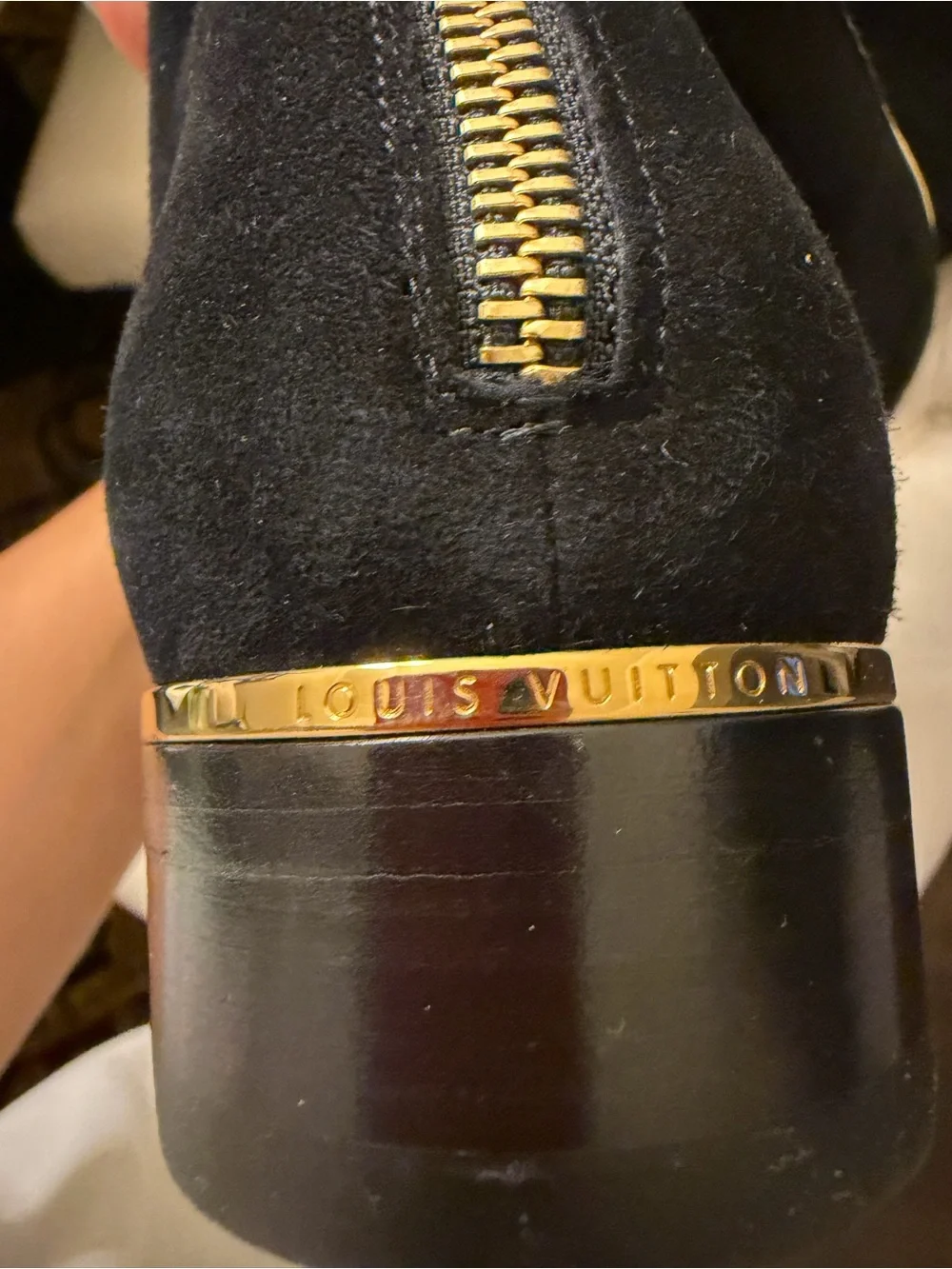 Louis Vuitton Black Suede Over-the-Knee Boots with Gold Zip Accent